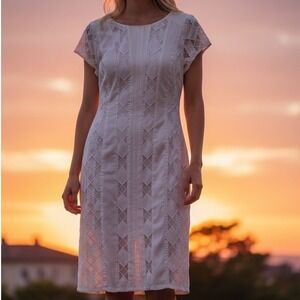 ✨Rafaella White Lace Dress 12 Elegant Party Cocktail Midi Career Short Sleeve